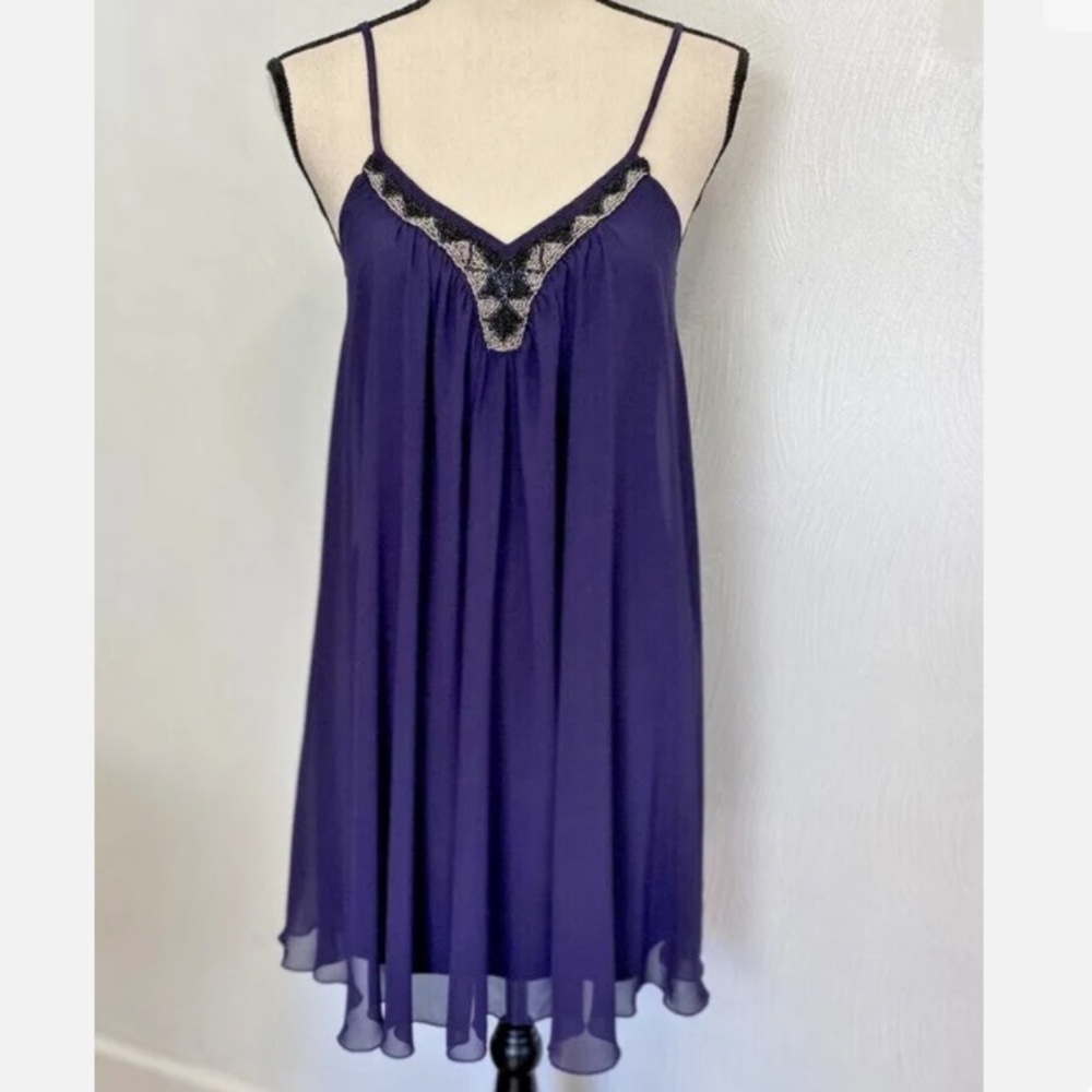 Express Women's Navy Blue Spaghetti Strap Beaded V-Neck Shift Dress